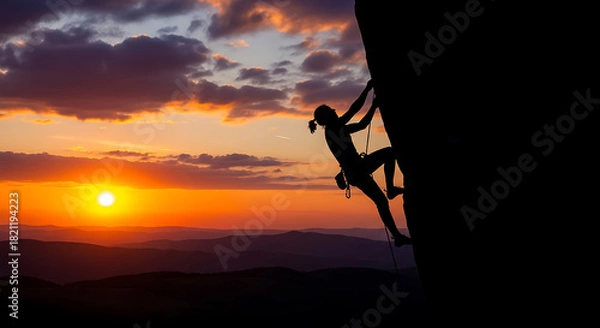 Fototapeta Silhouette of a female climber scaling a rock face at sunset a generated image