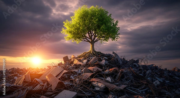Fototapeta Hopeful tree grows from a pile of garbage, symbolizing resilience and environmental rebirth at sunrise