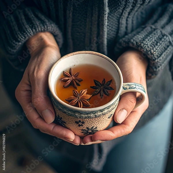 Fototapeta top view hands holding cup with tea and star anise