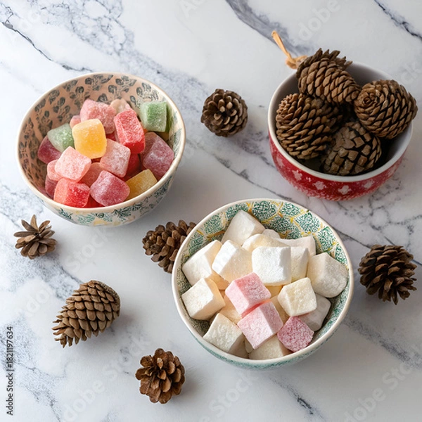 Fototapeta Turkish delights and marshmallows in small bowl