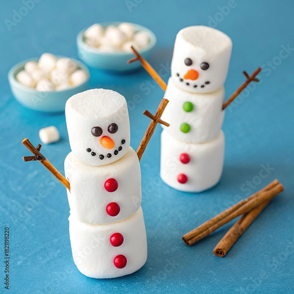 Fototapeta two happy funny marshmallow snowmen marshmallow