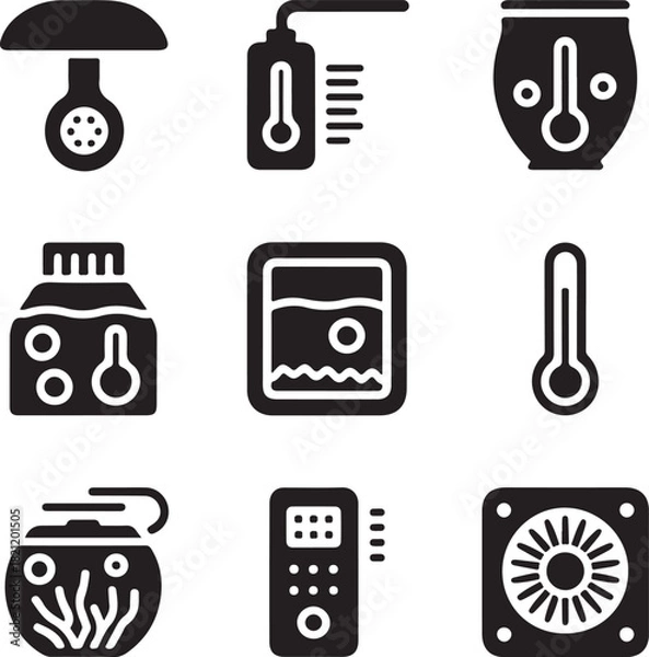Fototapeta Smart home icons, thermostat temperature, remote control, fan cooler, humidifier mist, appliance