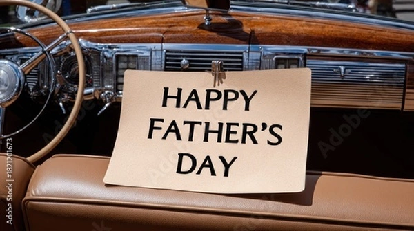 Obraz Handmade greeting card celebrating fatherhood rests on the dashboard of a vintage automobile