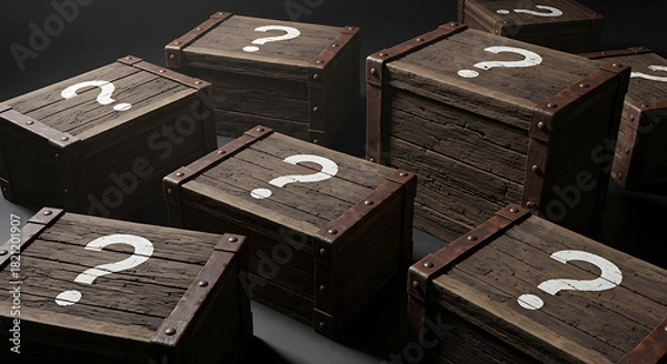 Fototapeta Multiple mysterious wooden loot boxes with question marks, a concept of choice and unknown rewards