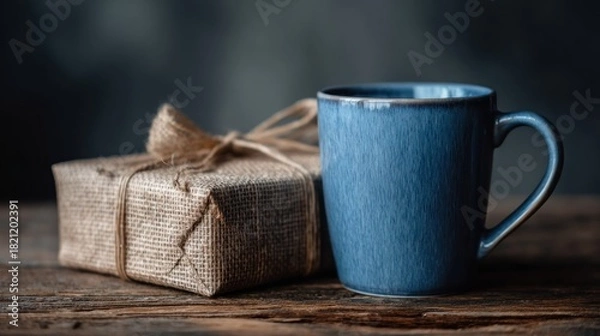 Obraz Rustic burlap wrapped present sits beside a dark blue ceramic beverage container on weathered wood