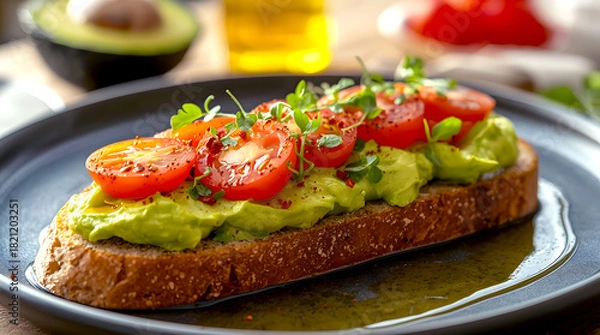Fototapeta Avocado toast with cherry tomatoes on a dark plate