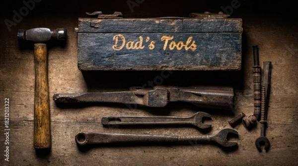 Obraz Collection of antique hand implements arranged on a rustic wooden surface with a worn toolbox.