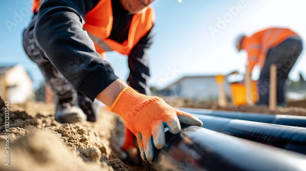 Fototapeta Construction workers installing water pipes in ground with precision. Hands in safety gloves fitting blue pipeline on building site. Infrastructure utility installation and plumbing work outdoors.