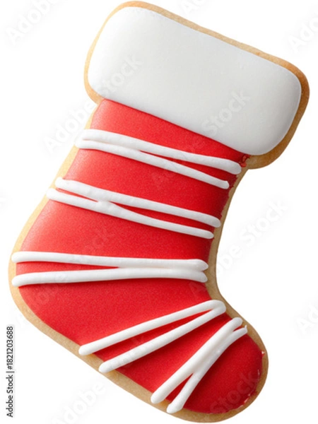 Fototapeta Red and white iced sugar cookie shaped like a Christmas stocking isolated on transparent background. Perfect for holiday themes.