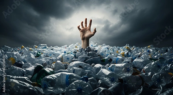 Fototapeta Overwhelmed by plastic pollution a hand reaching out from a sea of discarded bottles