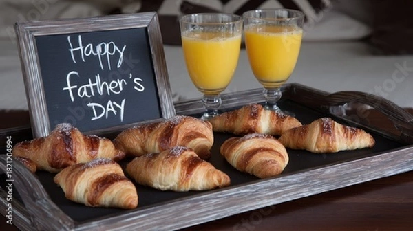 Fototapeta Breakfast treats and a celebratory message displayed on a serving tray suggest a special occasion morning