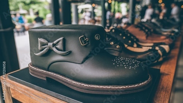 Fototapeta Edible confection art skillfully shaped and decorated like a fashionable ankle boot displayed indoors