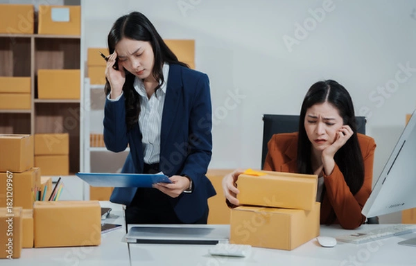 Fototapeta Two young Asian business woman stressed over poor sales, struggling with e-commerce order management, inventory, and logistics issues, showing visible frustration and pressure while handling parcels