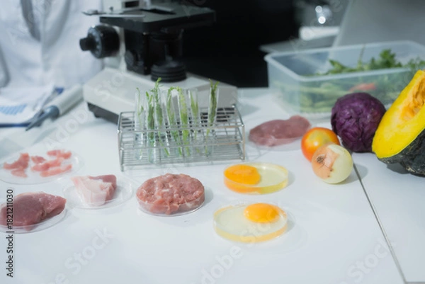 Fototapeta Two Asian female scientists analyze plant and meat samples in a modern laboratory, using microscopes and documenting results to improve food quality, safety, biotechnology,agricultural innovation