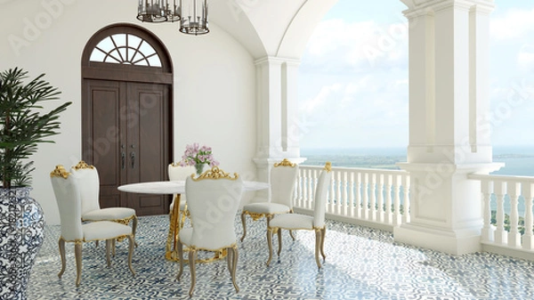 Fototapeta 3d render from imagine classic luxury balcony sea view  Italy Mediterranean dining