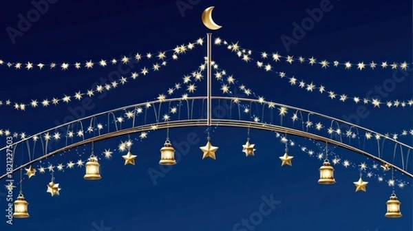 Fototapeta Golden illuminated archway adorned with hanging lanterns and stars against a dark night sky