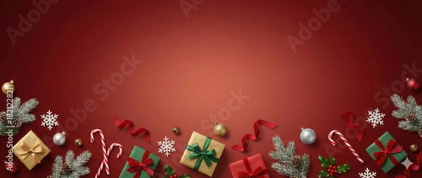 Fototapeta Festive christmas decorations and gifts arranged on a deep red background