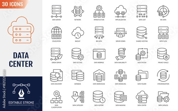 Fototapeta Data Center icon set. Server, hosting, cloud computing, security, internet, computer, data processing, and more. Editable stroke. Vector illustration