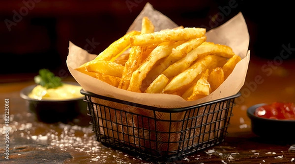 Fototapeta Golden french fries in a basket with condiments on table