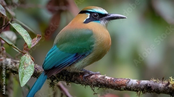 Obraz Vibrant Torogoz: The Turquoise-Browed Motmot Perched Gracefully in Central America's Lush Greenery