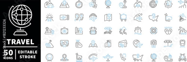 Obraz Travel and vacation icons set. editable line icons, linear adventure symbols