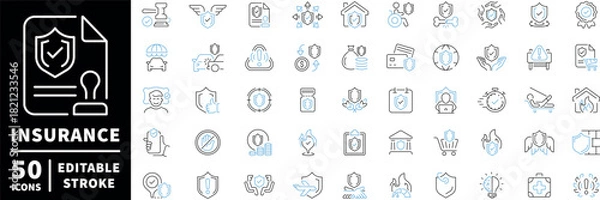 Obraz Insurance icons set. editable line icons, outline, protection and security symbols