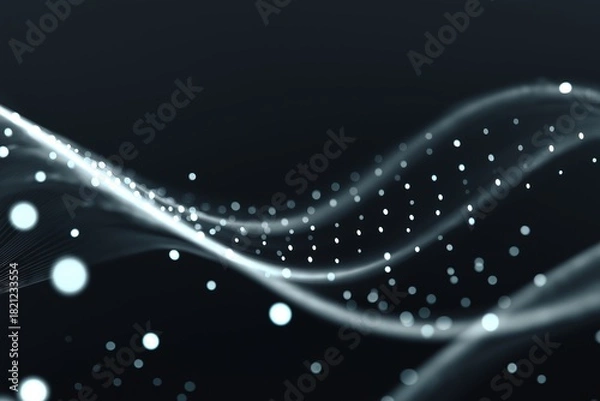 Obraz Abstract dark grey backdrop with glowing white dots, flowing waves, and luminous particle smoke effect, ideal for futuristic technology visuals, digital backgrounds, and sci-fi presentations.