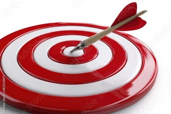 Fototapeta A 3D render of a red and white target bullseye with a single arrow hitting the center. Isolated on a plain white background. Concept of goals, focus, and accuracy.