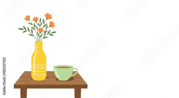 Obraz A charming illustration of a vase filled with orange flowers and a cup of coffee resting on a wooden table, creating a cozy and inviting scene.