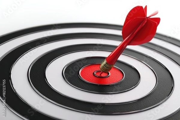 Fototapeta A 3D render of a red dart hitting the exact center of a dartboard. Isolated on a plain white background. Concept of precision, hitting targets, and business goals.