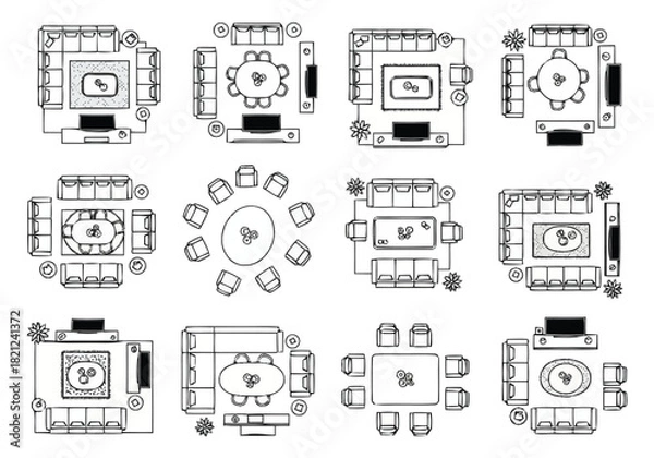Obraz Top Down View Floor Plan Layouts Modern Living Room and Dining Room Furniture Arrangements furniture icons interior design architecture