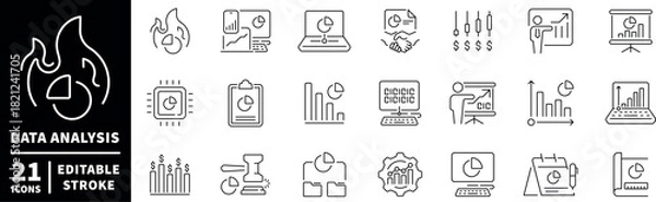 Obraz Data analysis editable line icons set. linear style for statistics and chart design