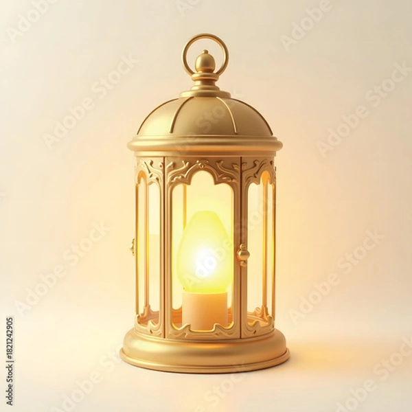 Fototapeta 3D Mini Cute Icon of a Classic Golden Lantern with Transparent Glass Panels on a Plain Background Representing Warm Ambient Lighting