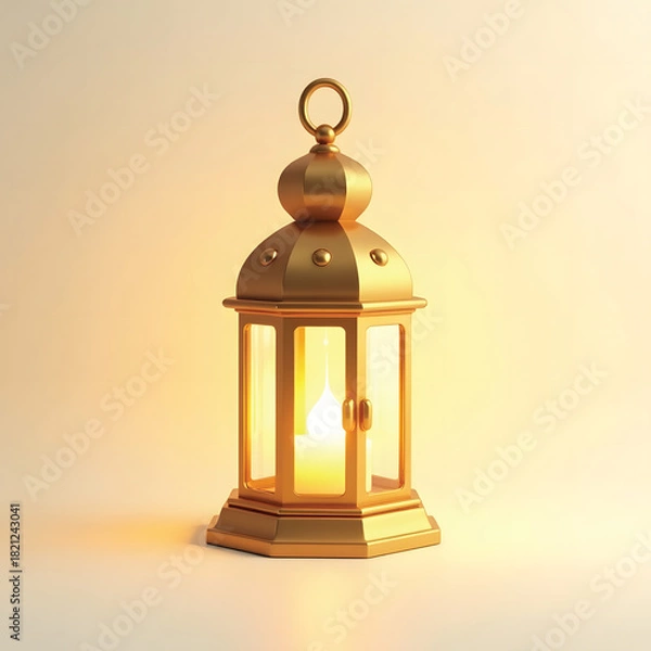 Fototapeta 3D Mini Cute Icon of a Classic Golden Lantern with Transparent Glass Panels on a Plain Background Representing Warm Ambient Lighting