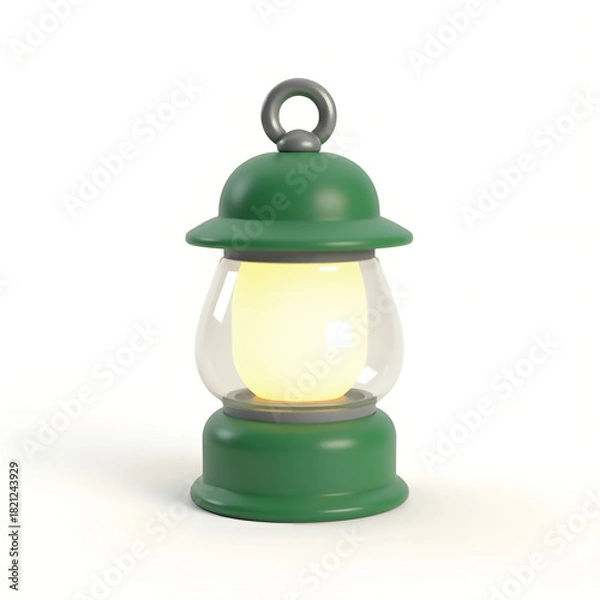 Fototapeta 3D Mini Cute Icon of a Small Green Camping Lantern with Clear Glass and Top Hook on a Plain Background Representing Outdoor Utility Light