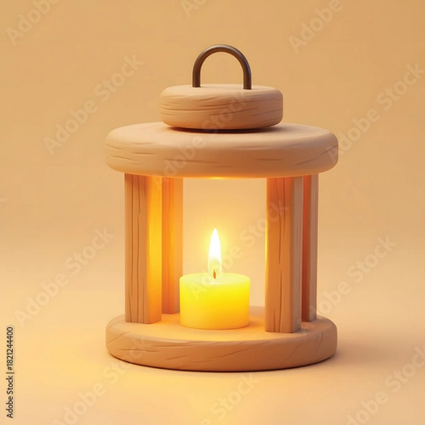 Fototapeta 3D Mini Cute Icon of a Wooden Lantern Frame with Yellow Candle Light on a Plain Background Representing Rustic Decorative Lighting