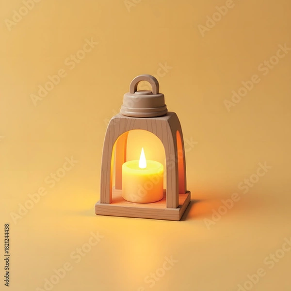 Fototapeta 3D Mini Cute Icon of a Wooden Lantern Frame with Yellow Candle Light on a Plain Background Representing Rustic Decorative Lighting