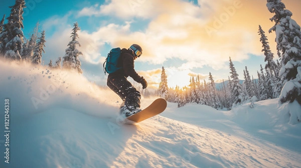 Obraz Snowboarder slides at ski slope. Man snowboarder riding on slope.