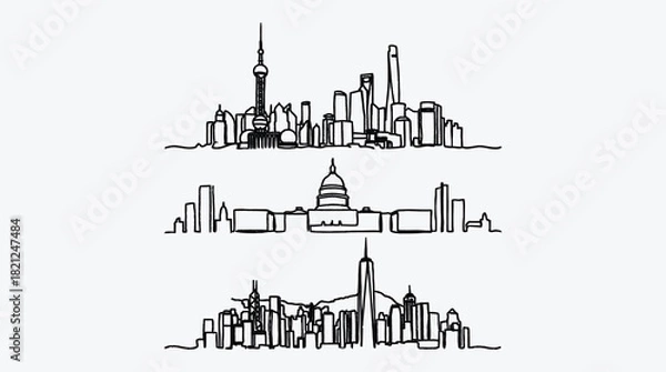 Fototapeta City skyline illustration vector of Shanghai Washington DC and New York