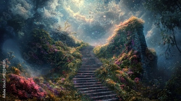 Fototapeta Enchanted Stairway to Heaven - A Mystical Landscape Painting.