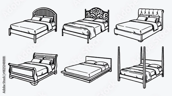 Fototapeta Collection of different style beds illustrations for design and decoration projects