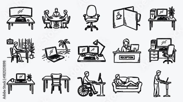 Fototapeta Workspace doodle icons depicting office desks and work from home settings