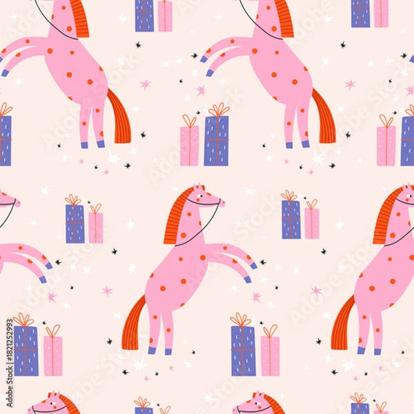 Fototapeta Seamless pattern with pink horses. Vector