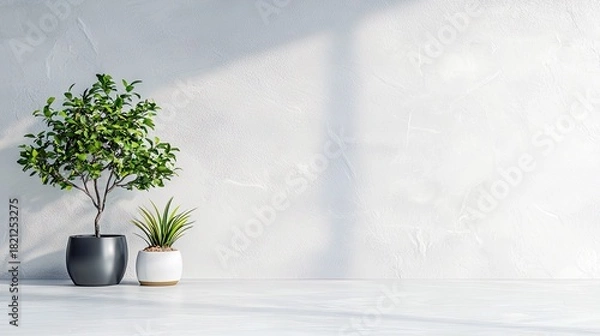 Fototapeta Two potted plants, one large and leafy, the other smaller and spiky, sit on a light-colored surface. A textured white wall behind them is illuminated by soft, d