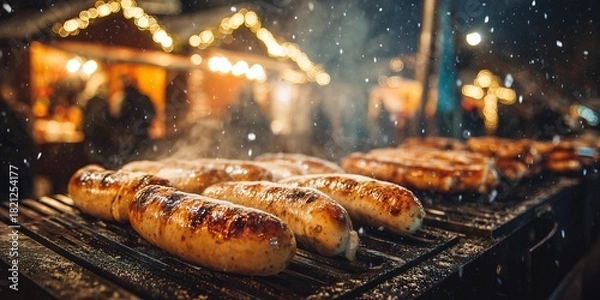 Obraz Golden bratwursts sizzle on a steaming grill, served in crusty buns under glowing Christmas market lights and gentle snowfall.