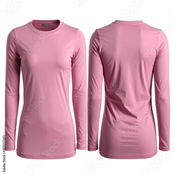 Fototapeta Front and back view of a pale pink long-sleeve women's t-shirt.  A smooth,  lightweight fabric is featured