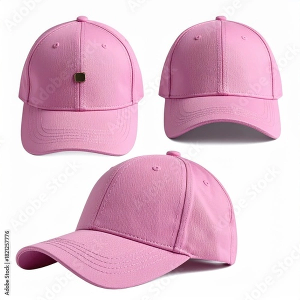 Fototapeta Three views of a solid pink baseball cap.  A small, metallic square emblem is visible on the front.  The cap is displayed against a plain white background