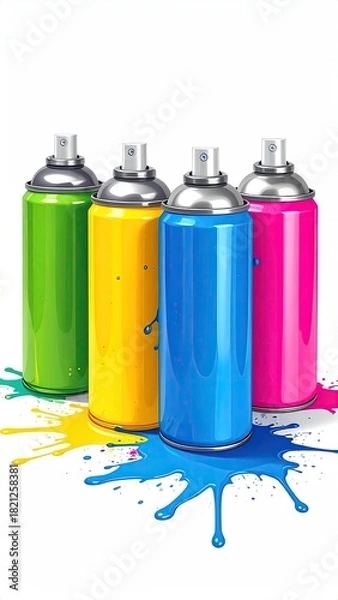 Fototapeta Four spray paint cans in vibrant colors, positioned on a white background with colorful paint splatters