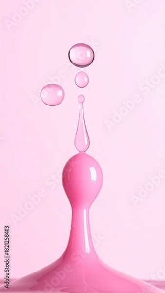 Fototapeta A vibrant pink water droplet splash against a pastel pink background.  A teardrop-shaped droplet rests atop a smooth, pink liquid puddle, with smaller, translucent droplets dispersed around it