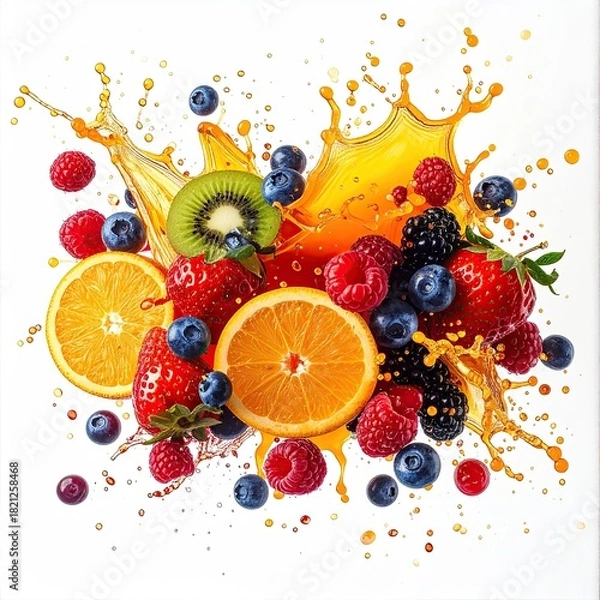Fototapeta Vibrant fruit splash. Fresh fruit slices and berries in a dynamic juice splash